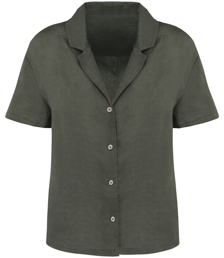 Spasso Ladies Short Sleeve Linen Bowling Collar Shirt